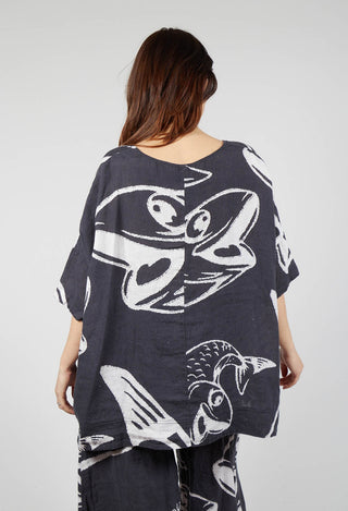 Linen Oversized Top in Black Print