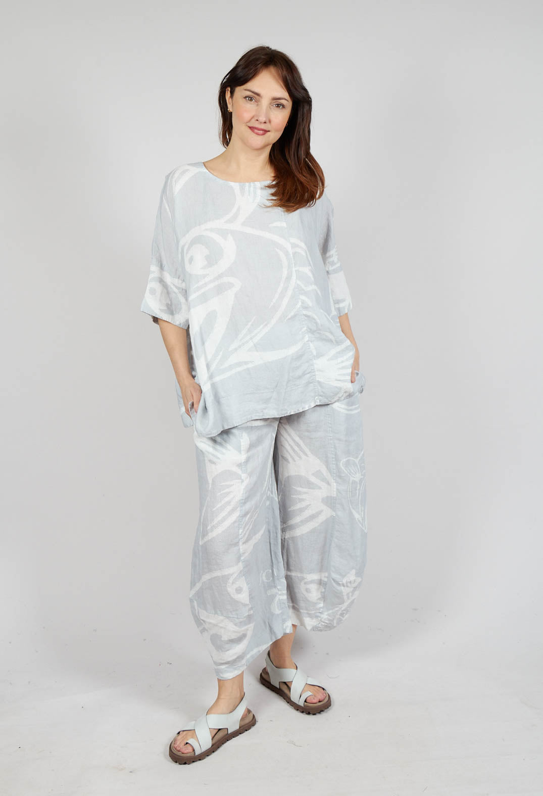 Linen Oversized Top in Grey Print