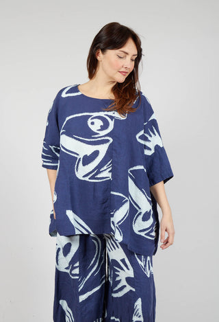 Linen Oversized Top in Navy Print