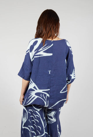 Linen Oversized Top in Navy Print