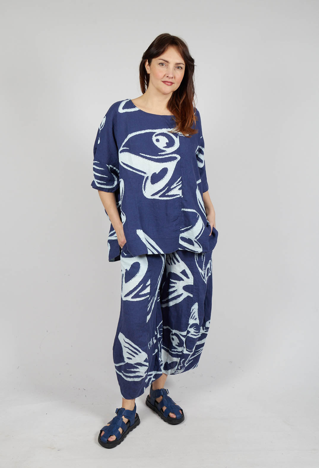 Linen Oversized Top in Navy Print