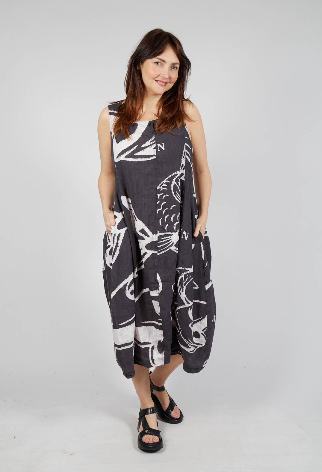 Linen Tulip Hem Dress in Black Print