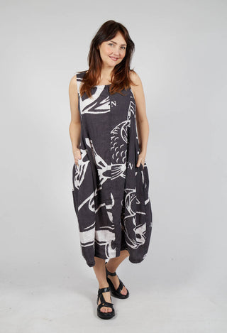 Linen Tulip Hem Dress in Black Print