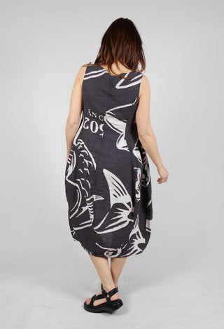 Linen Tulip Hem Dress in Black Print