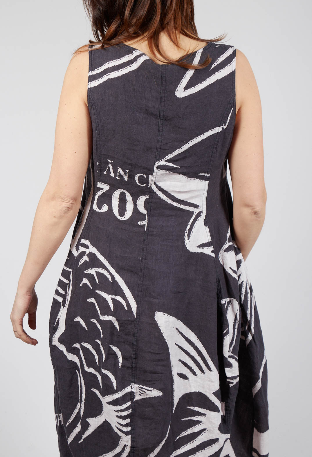 Linen Tulip Hem Dress in Black Print