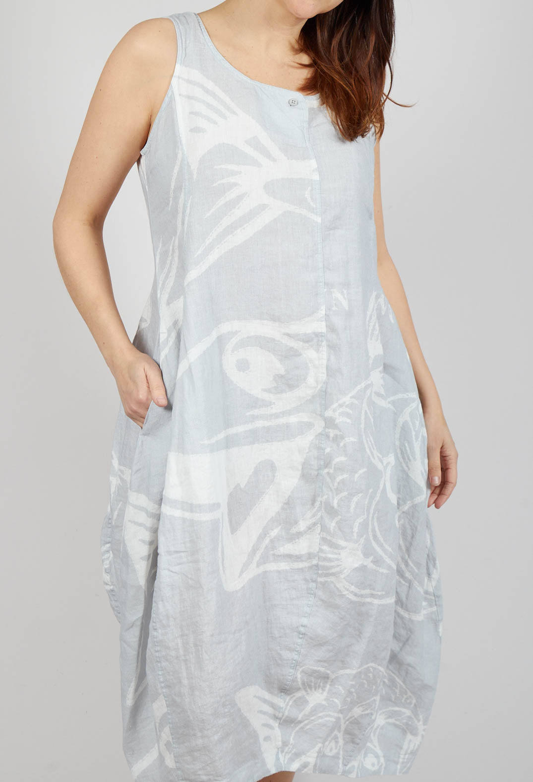 Linen Tulip Hem Dress in Grey Print