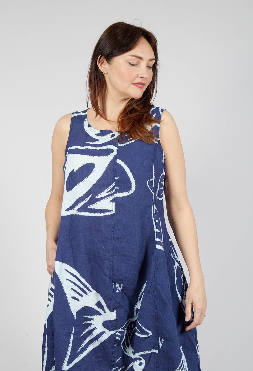 Linen Tulip Hem Dress in Navy Print