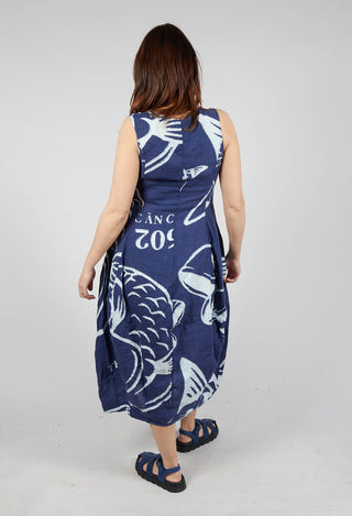 Linen Tulip Hem Dress in Navy Print