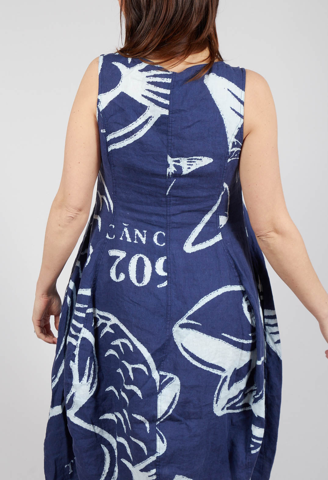 Linen Tulip Hem Dress in Navy Print
