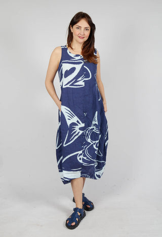 Linen Tulip Hem Dress in Navy Print