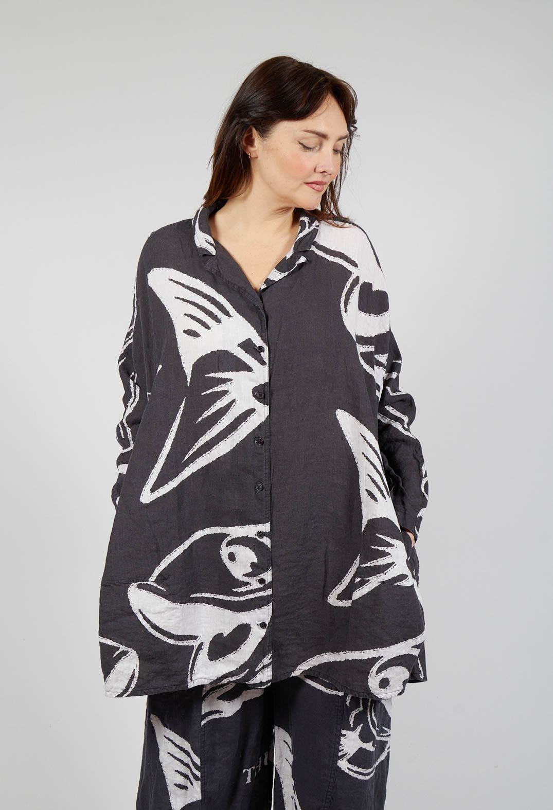 Linen Shirt Dress in Black Print