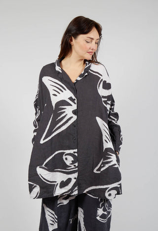 Linen Shirt Dress in Black Print