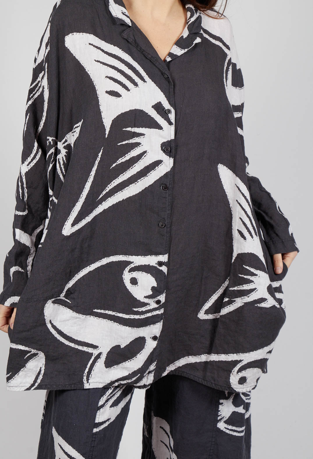 Linen Shirt Dress in Black Print