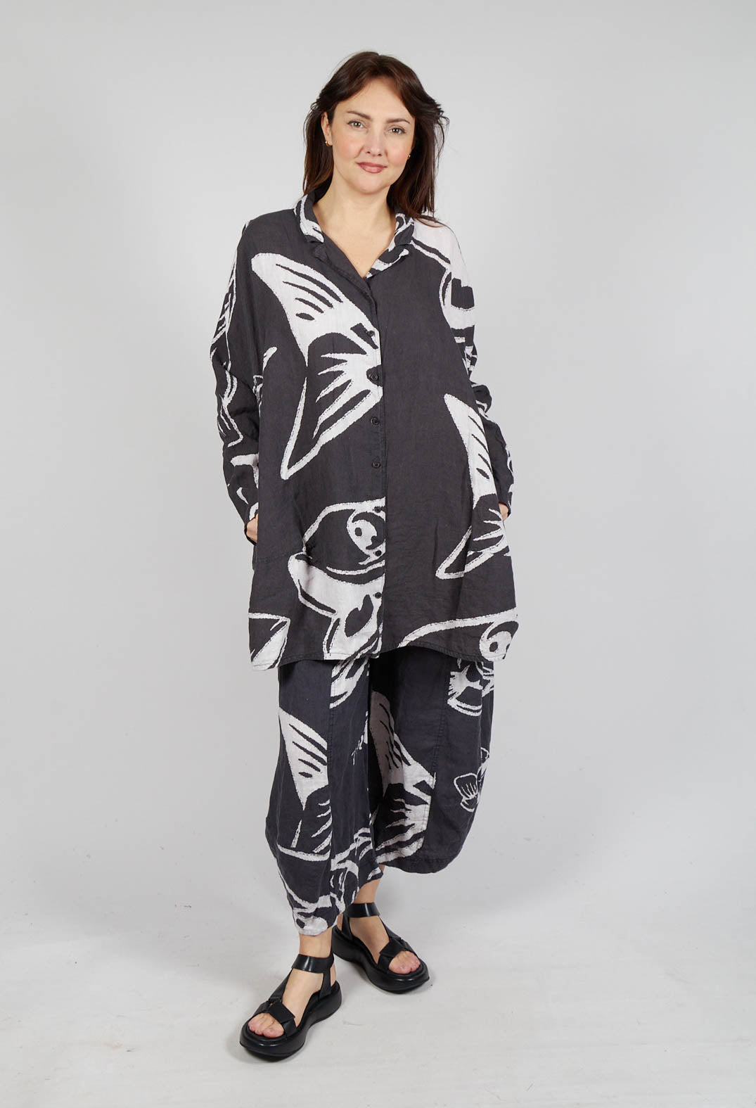 Linen Shirt Dress in Black Print