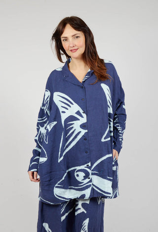 Linen Shirt Dress in Navy Print