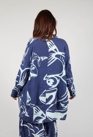 Linen Shirt Dress in Navy Print