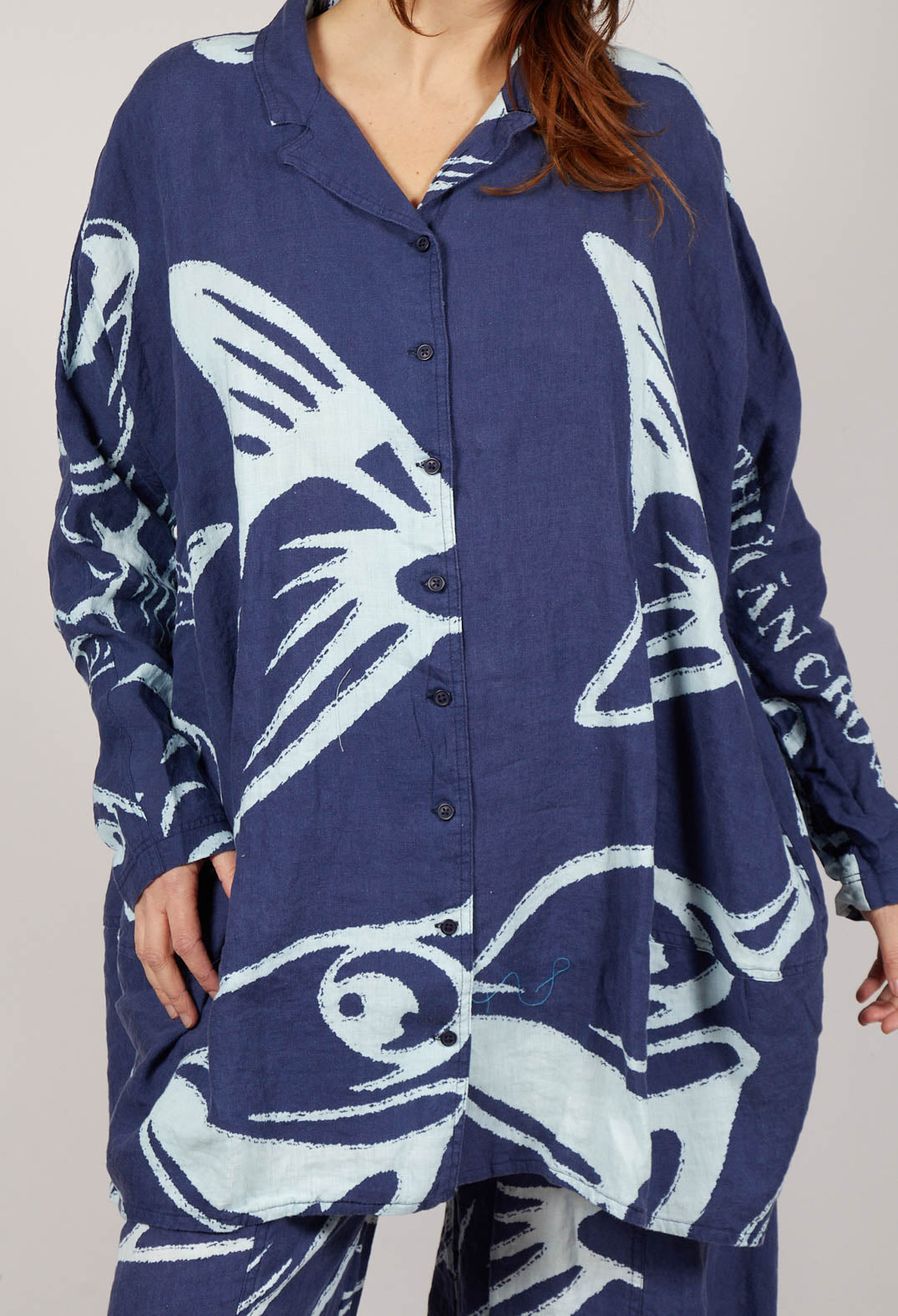Linen Shirt Dress in Navy Print