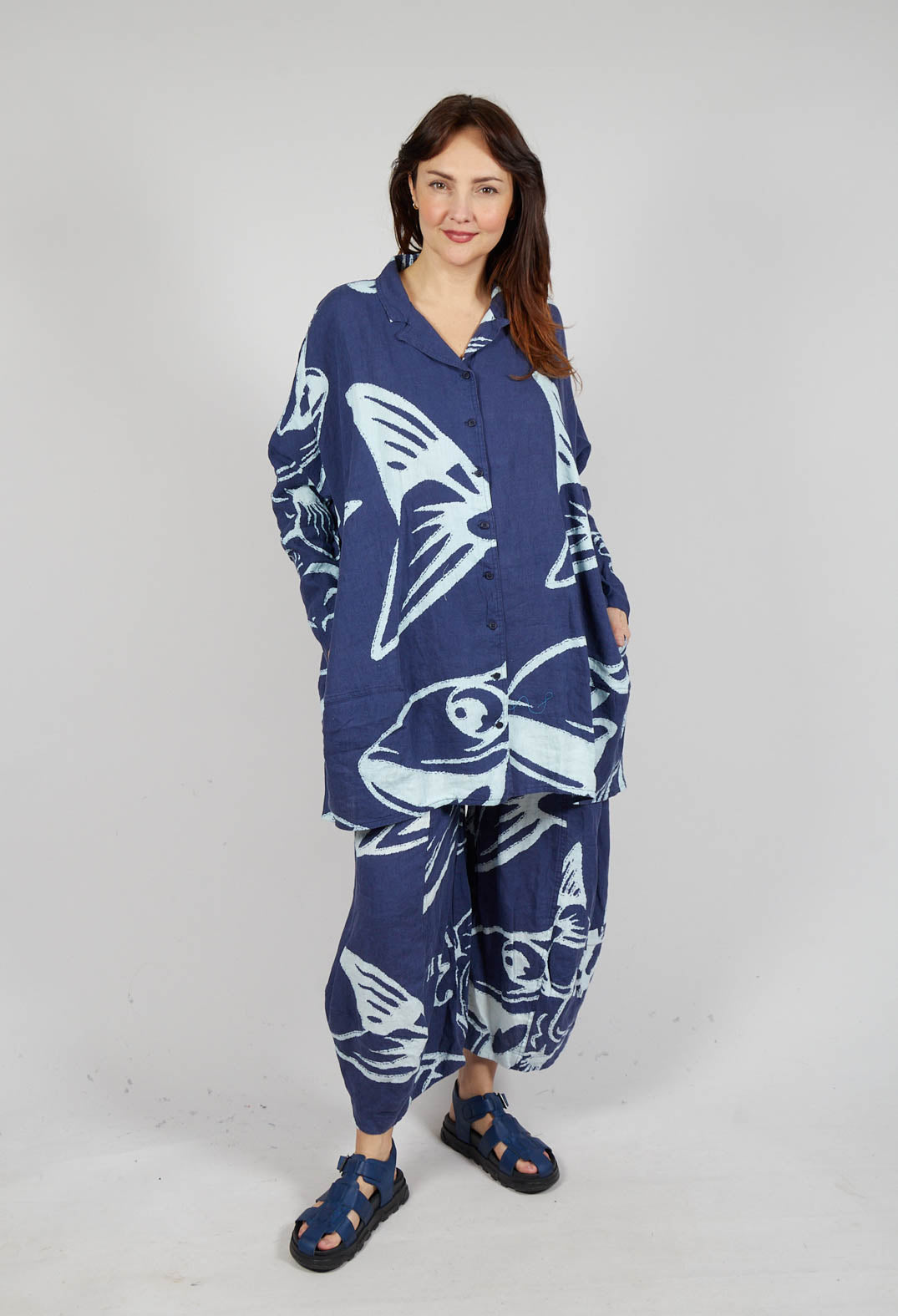 Linen Shirt Dress in Navy Print