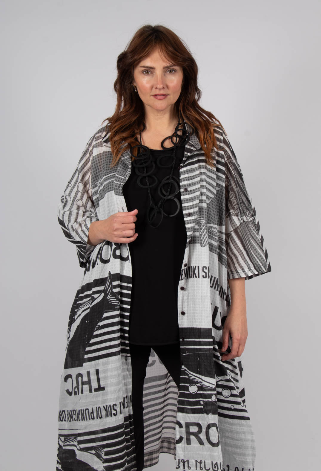 Oversized Lightweight Shirt Dress in Black Print