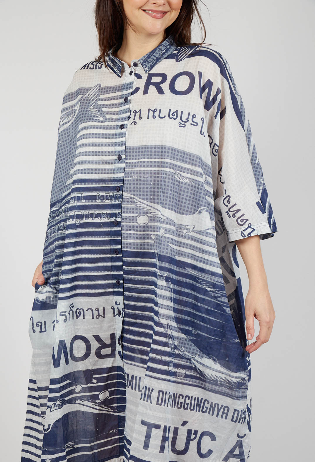 Oversized Lightweight Shirt Dress in Navy Print
