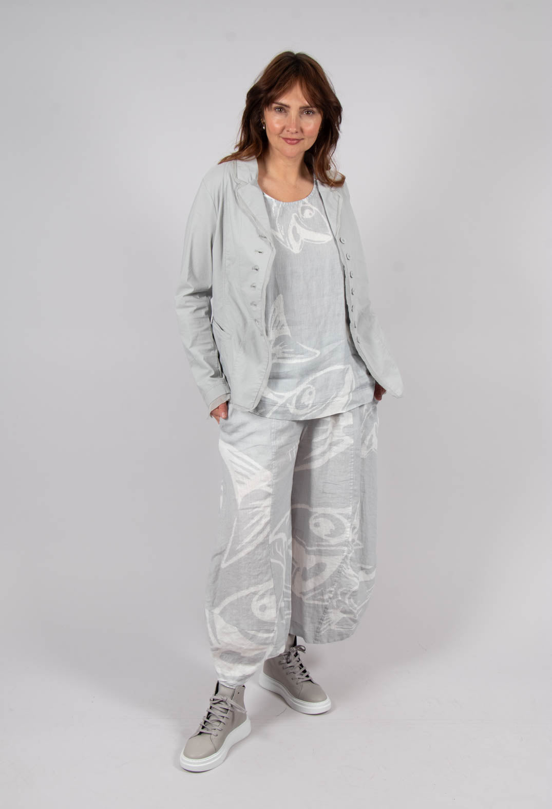 Linen Balloon Trousers in Grey Print