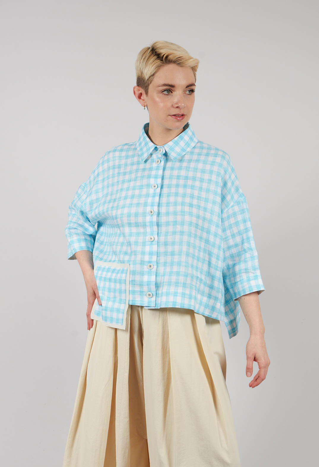 Gingham Cropped Shirt in Sky Blue Stripe