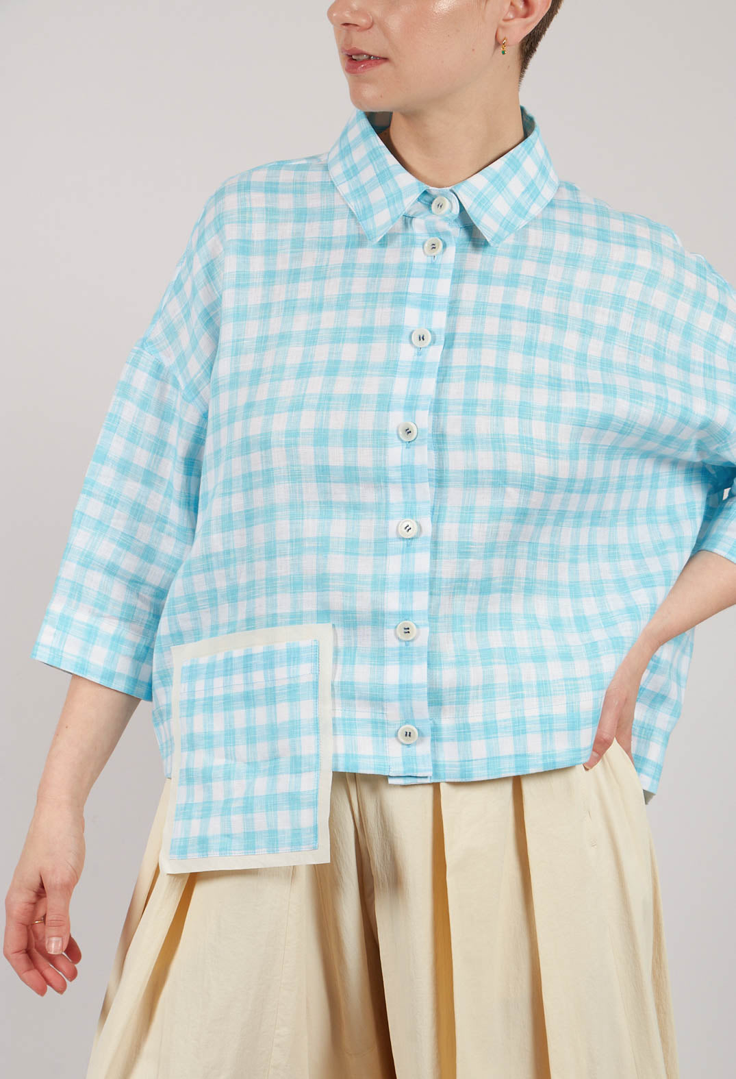 Gingham Cropped Shirt in Sky Blue Stripe