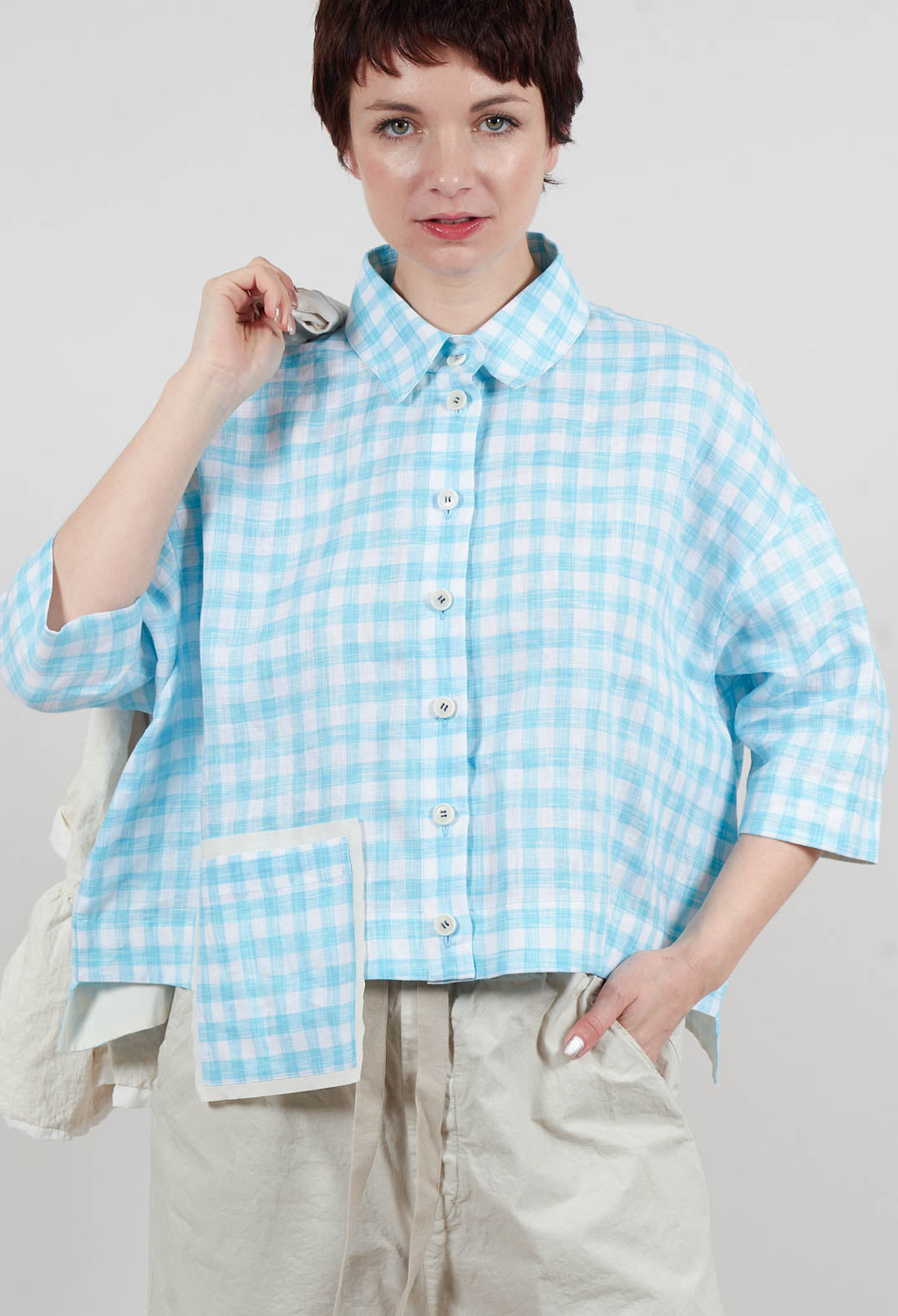 Gingham Cropped Shirt in Sky Blue Stripe