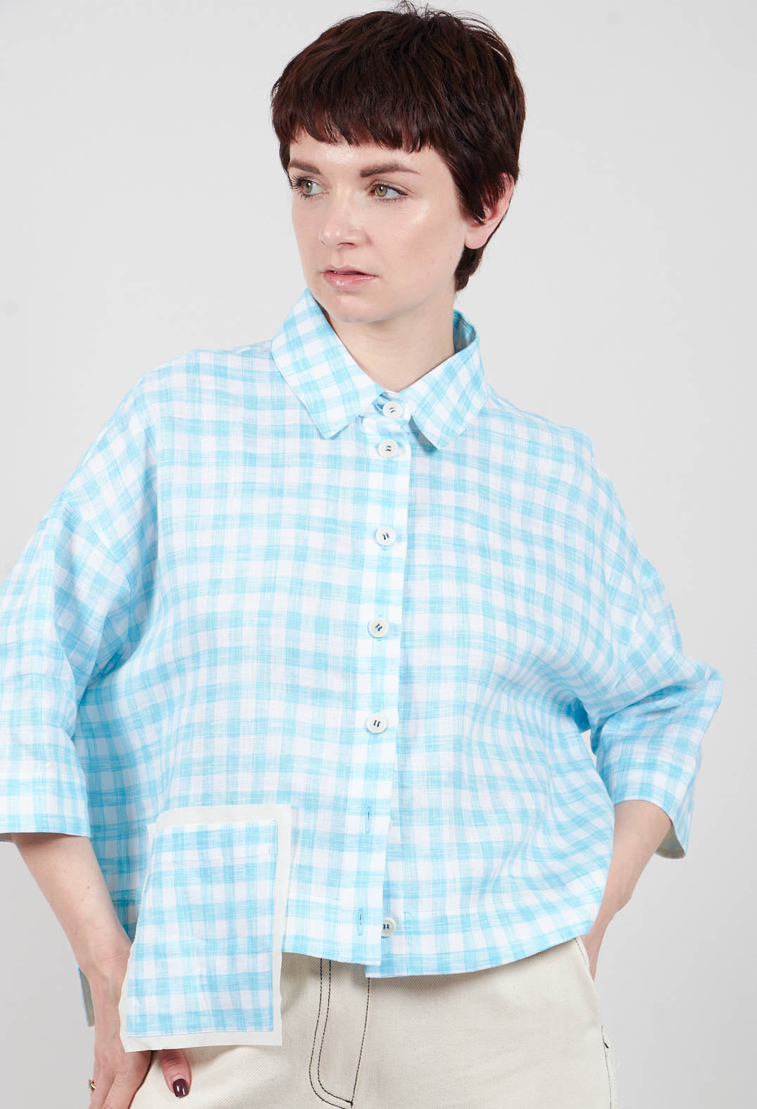 Gingham Cropped Shirt in Sky Blue Stripe