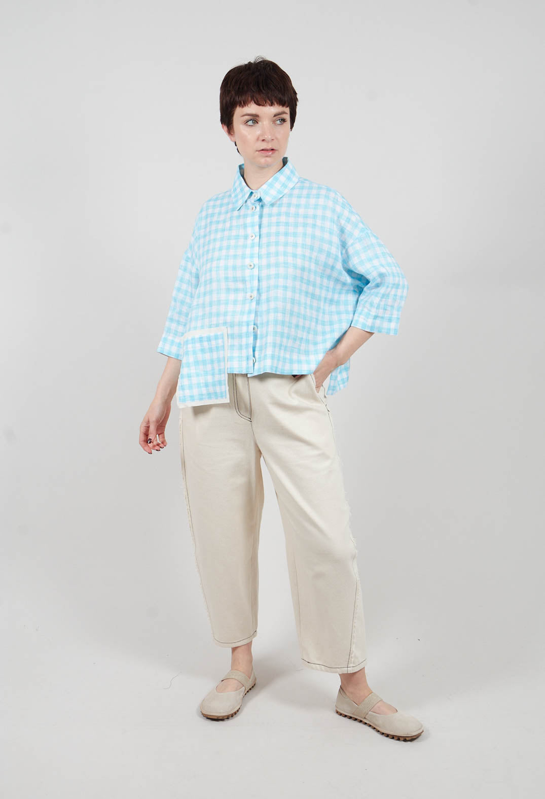 Gingham Cropped Shirt in Sky Blue Stripe