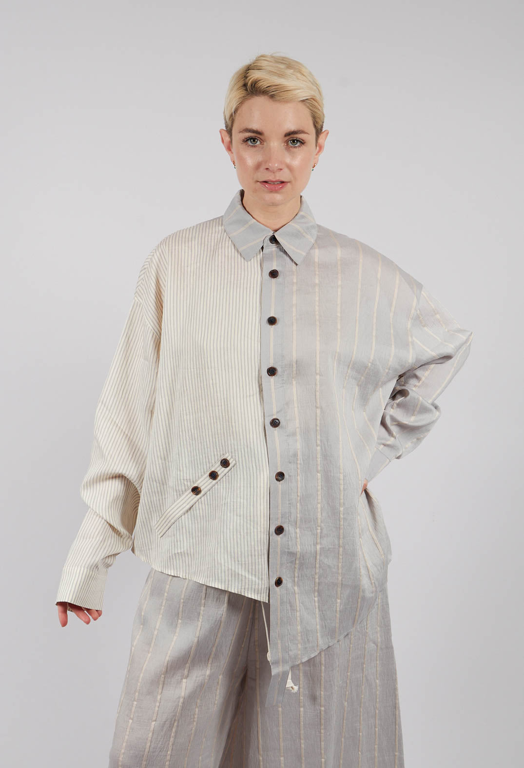 Asymmetric Shirt in Grey and Off White Stripe