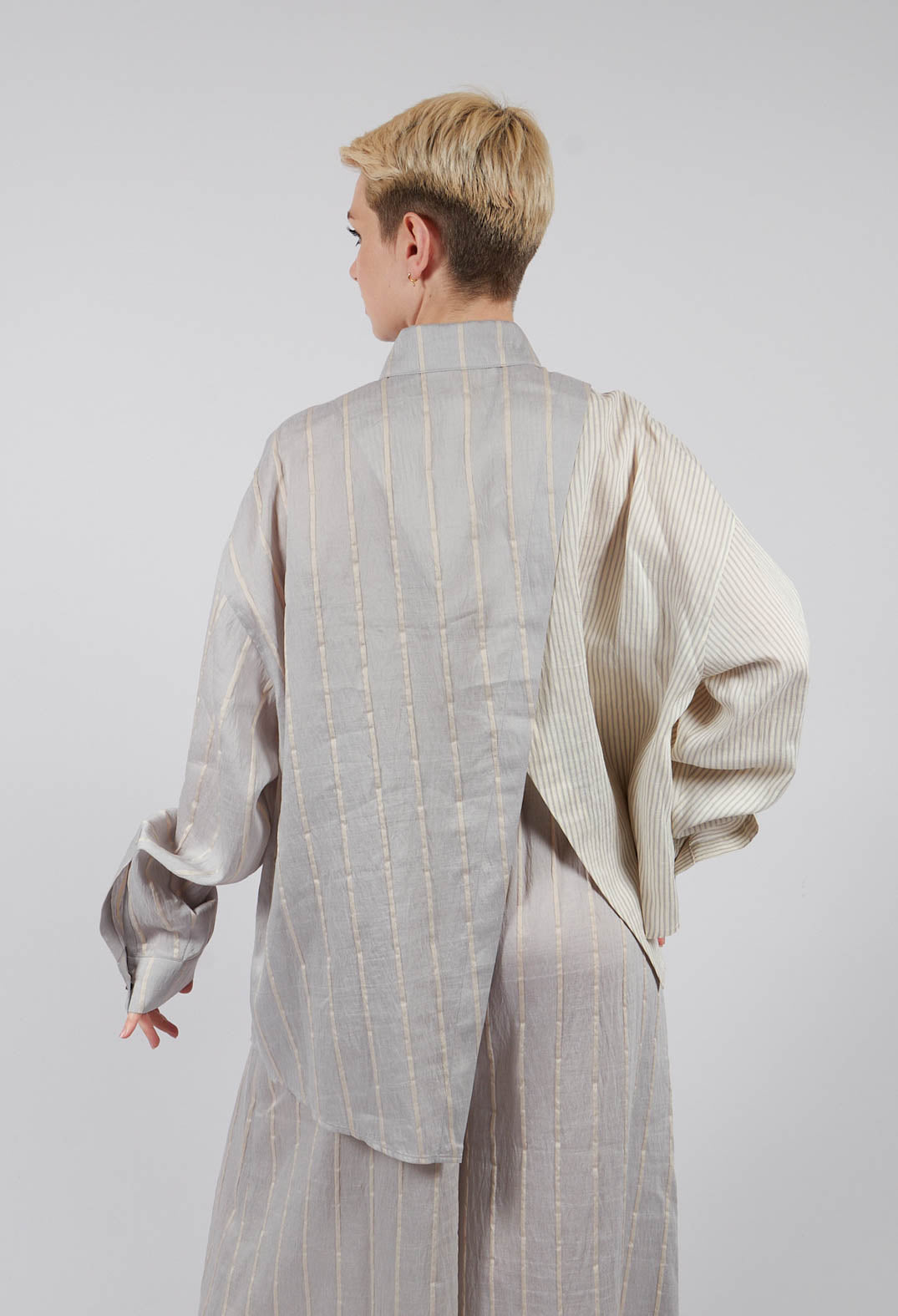 Asymmetric Shirt in Grey and Off White Stripe
