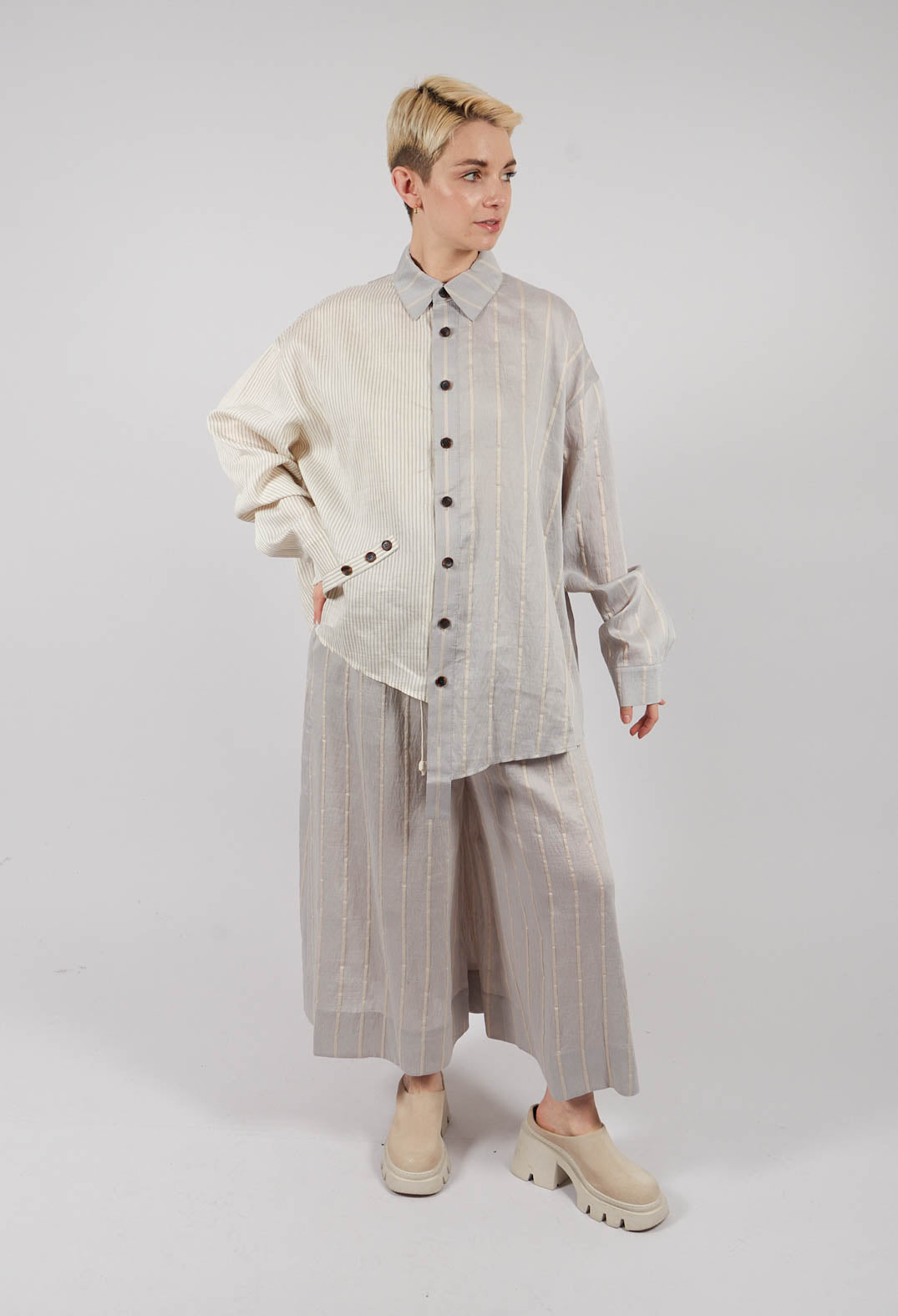 Asymmetric Shirt in Grey and Off White Stripe
