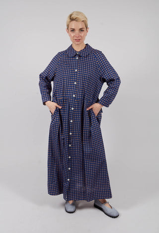 Gingham Shirt Dress in Brown and Blue Check