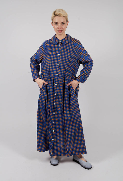 Gingham Shirt Dress in Brown and Blue Check