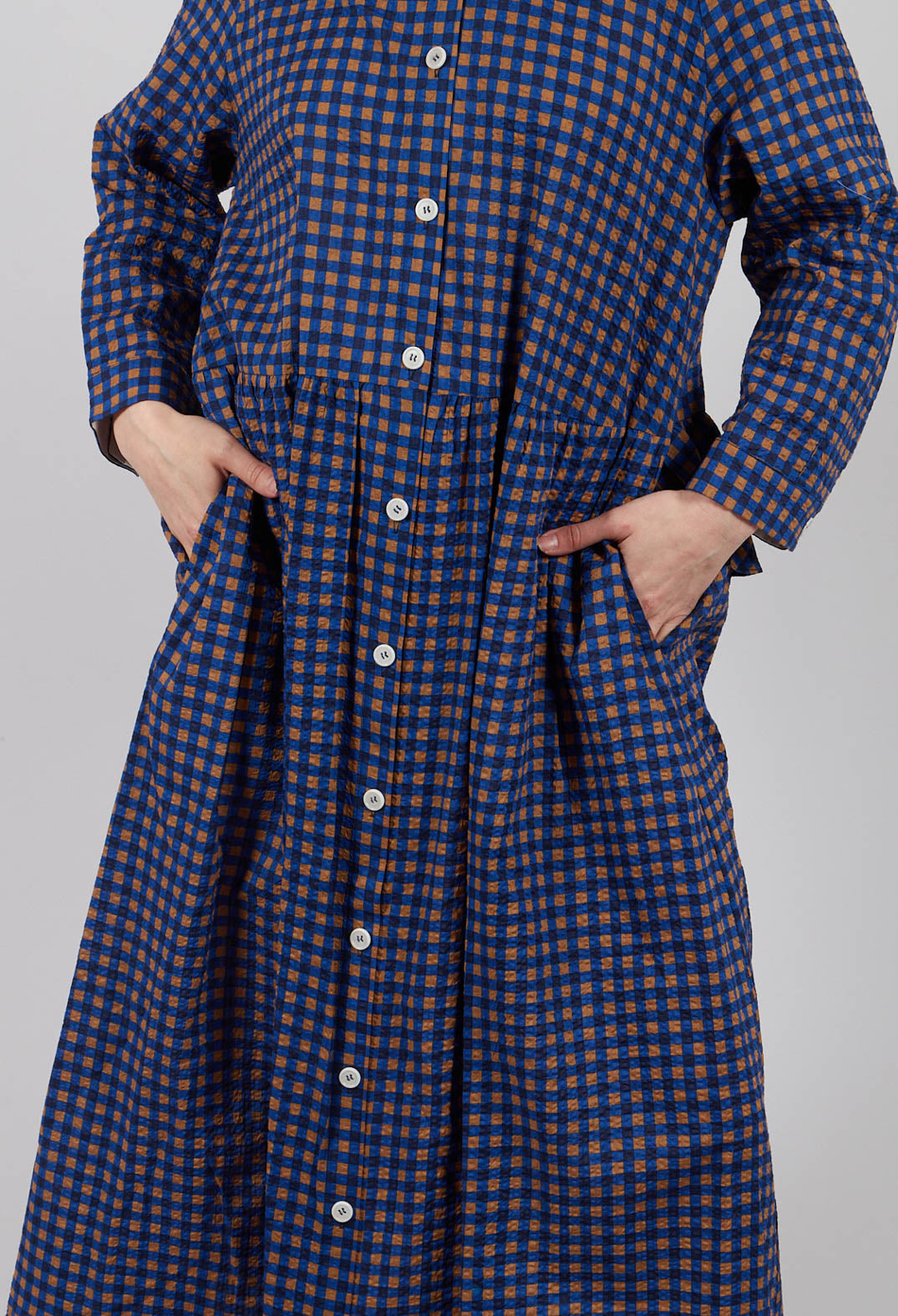 Gingham Shirt Dress in Brown and Blue Check