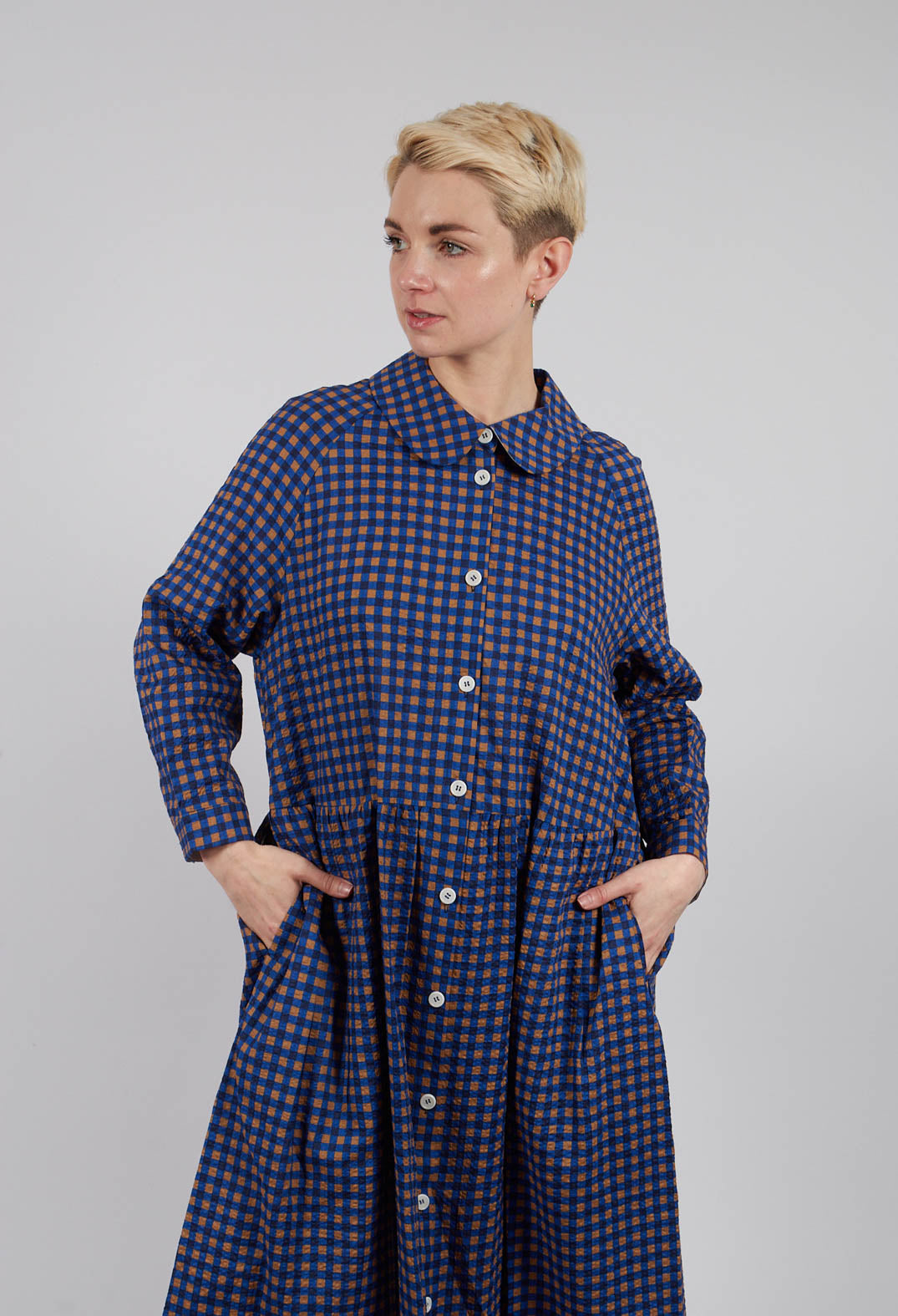 Gingham Shirt Dress in Brown and Blue Check