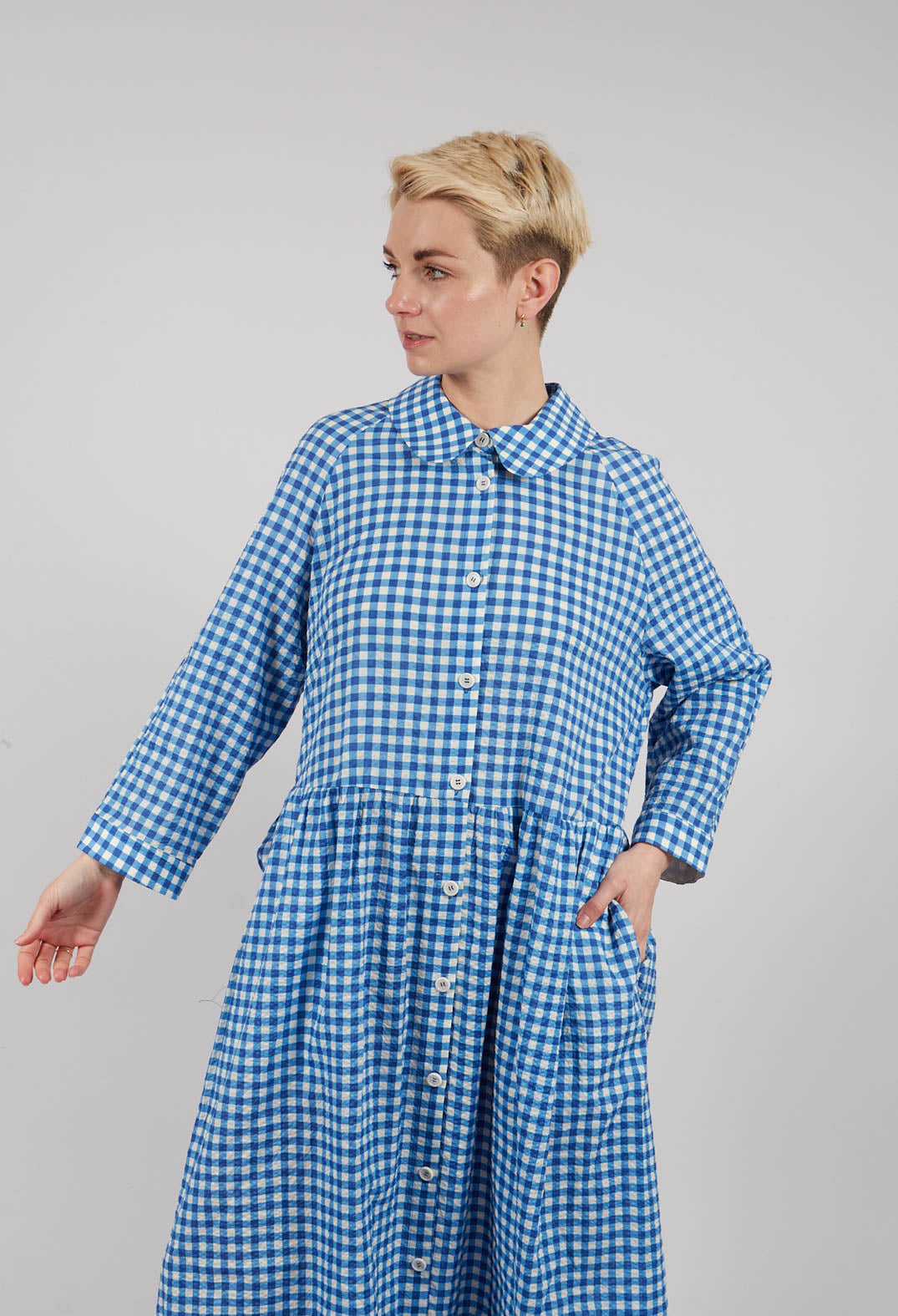 Gingham Shirt Dress in Blue Check