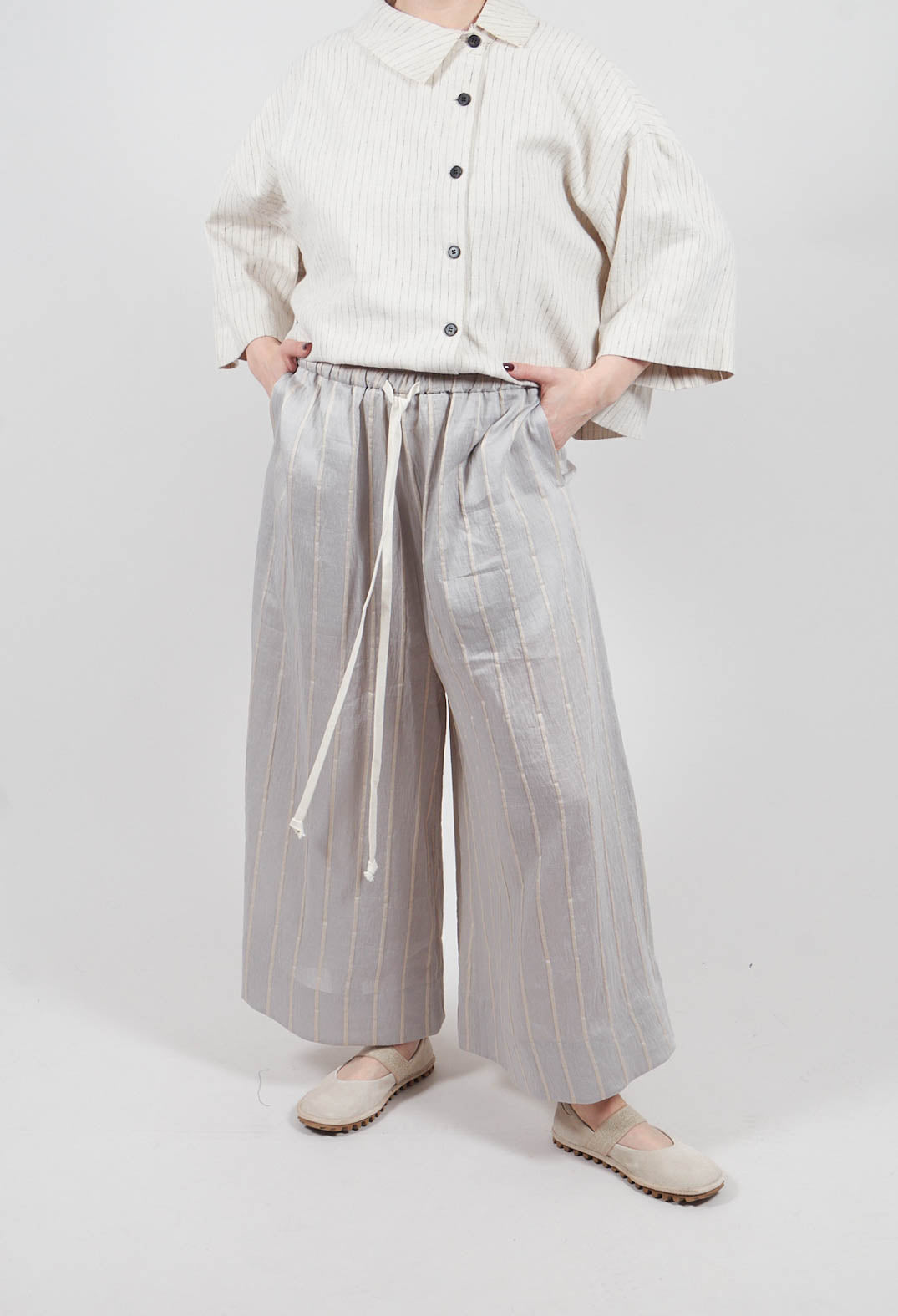Drawstring Trousers in Grey Stripe