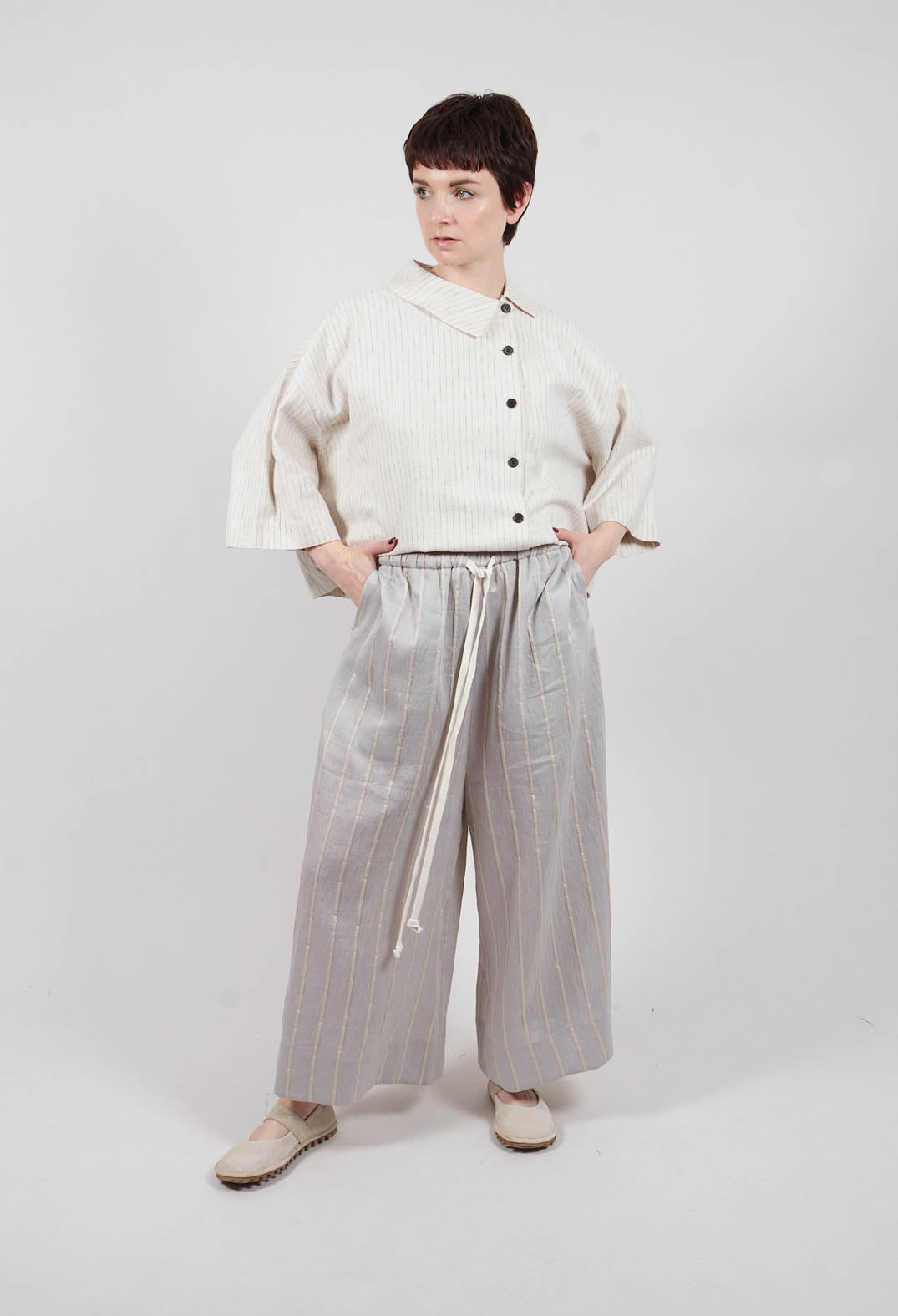 Drawstring Trousers in Grey Stripe