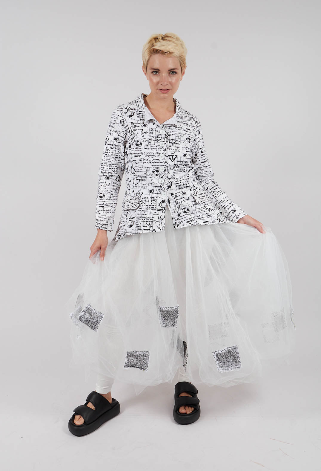 Hi Lo Jacket in white with Black Seregraphy