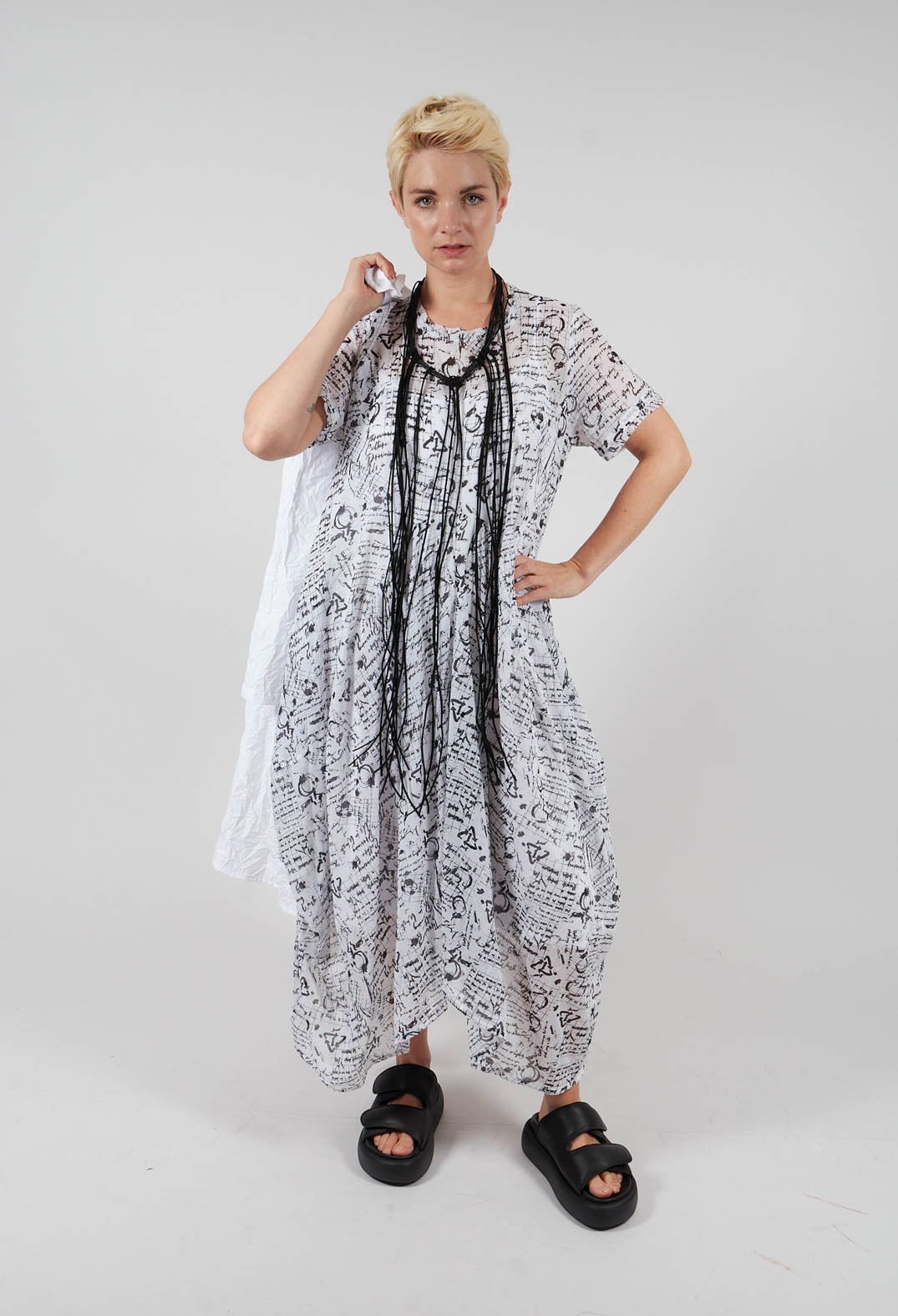 Handkerchief Hem Dress in White with Black Seregraphy