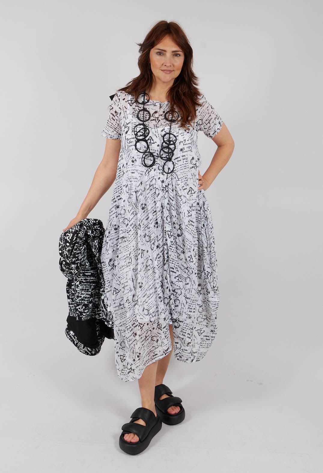 Handkerchief Hem Dress in White with Black Seregraphy