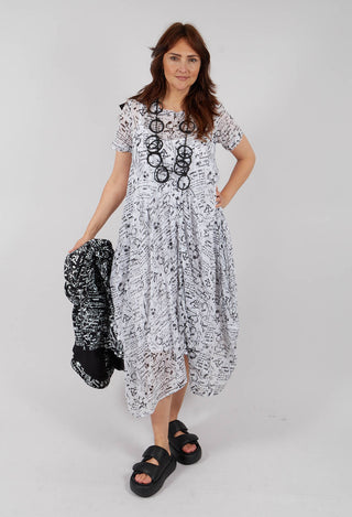 Handkerchief Hem Dress in White with Black Seregraphy