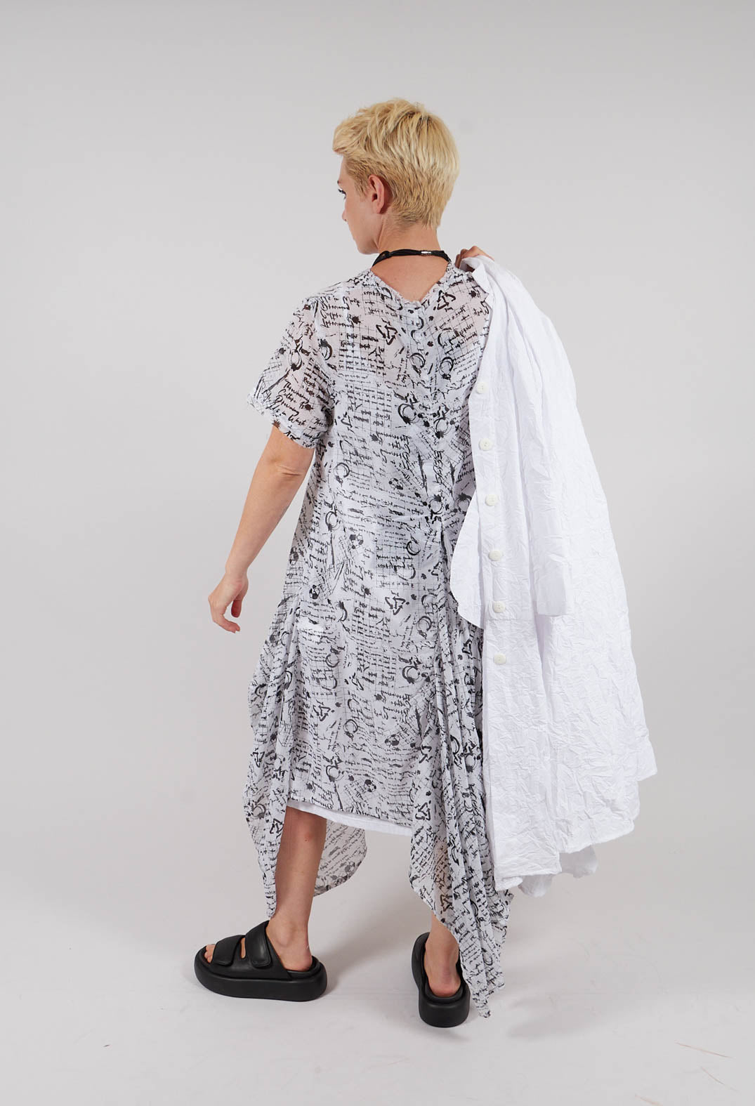 Handkerchief Hem Dress in White with Black Seregraphy