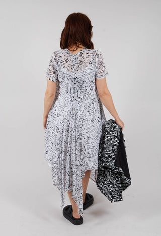Handkerchief Hem Dress in White with Black Seregraphy