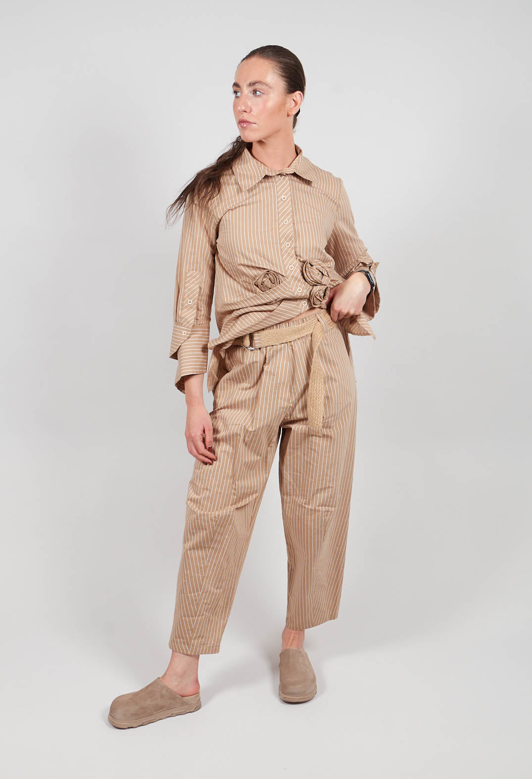 Tie Waist Trousers in Beige/White Print