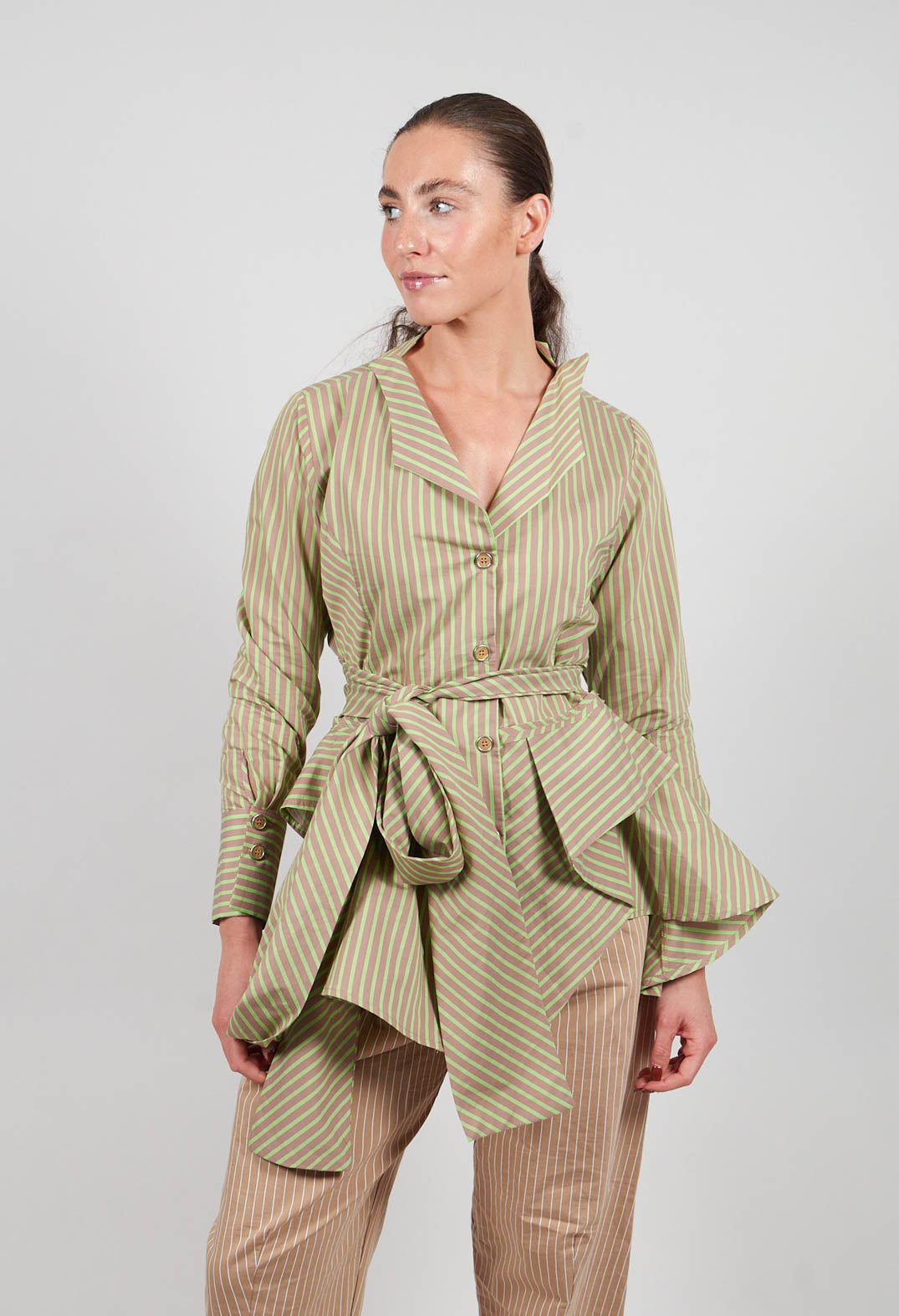 Asymmertic Pinstripe Jacket in Beige and Green