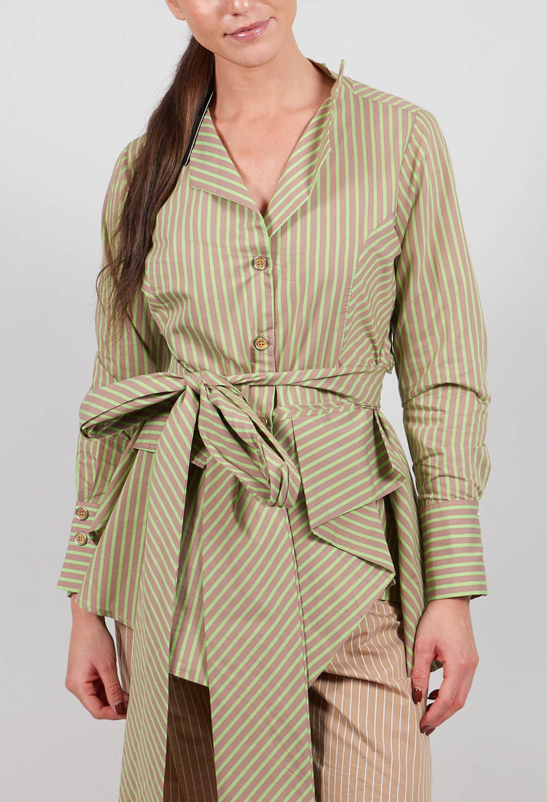Asymmertic Pinstripe Jacket in Beige and Green