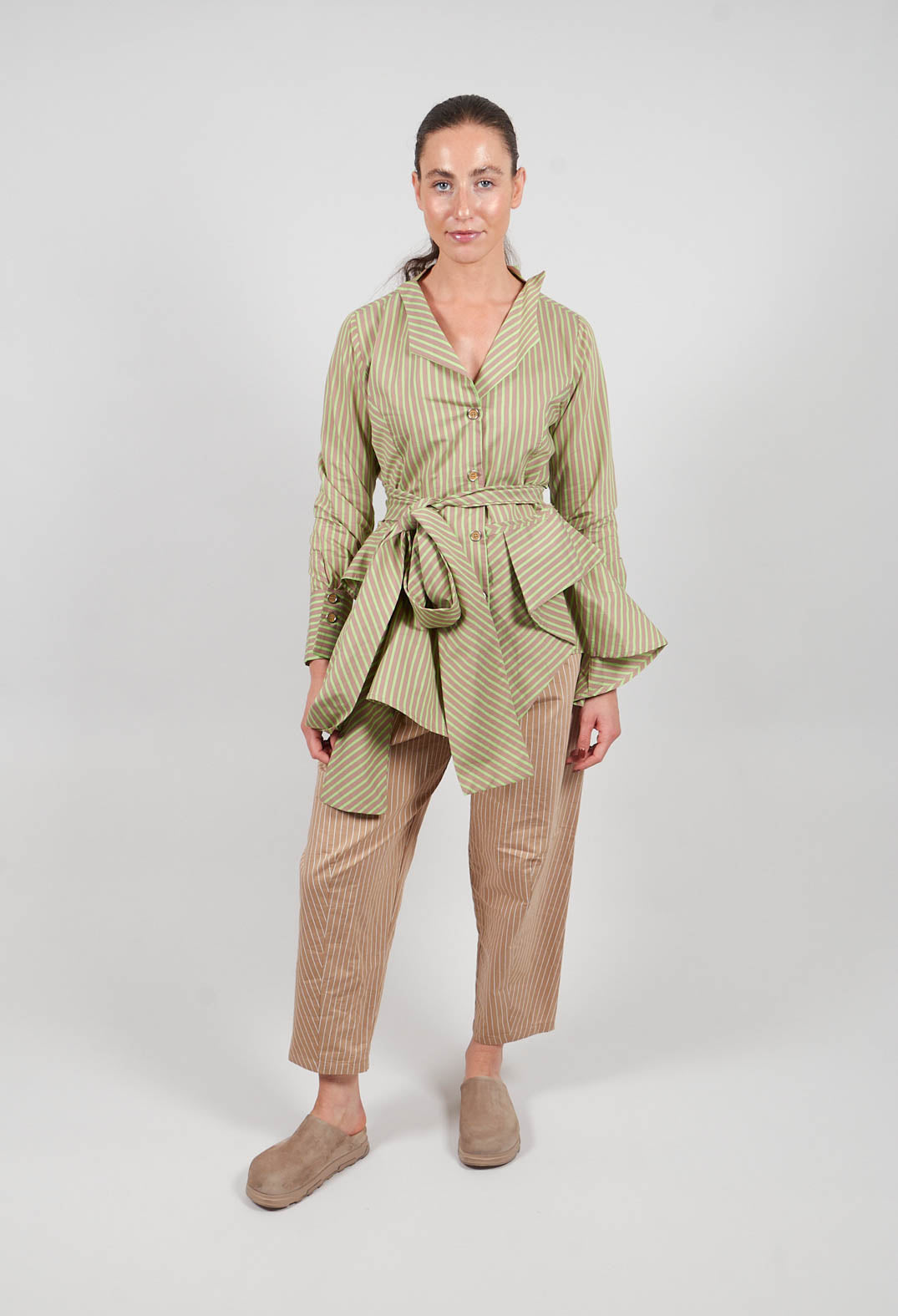 Asymmertic Pinstripe Jacket in Beige and Green